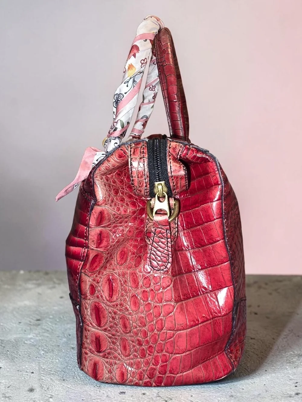 Brahmin Red Crocodile-Embossed Leather Satchel/Crossbody Bag - GUC